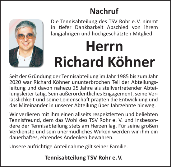 Traueranzeige von Richard Köhner von Schwabacher Tagblatt Lokal