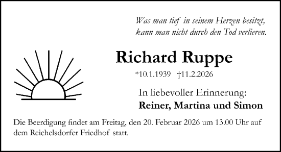 Traueranzeige von Richard Ruppe von Gesamtausgabe Nürnberger Nachrichten/ Nürnberger Ztg.