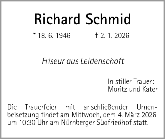 Traueranzeige von Richard Schmid von Gesamtausgabe Nürnberger Nachrichten/ Nürnberger Ztg.