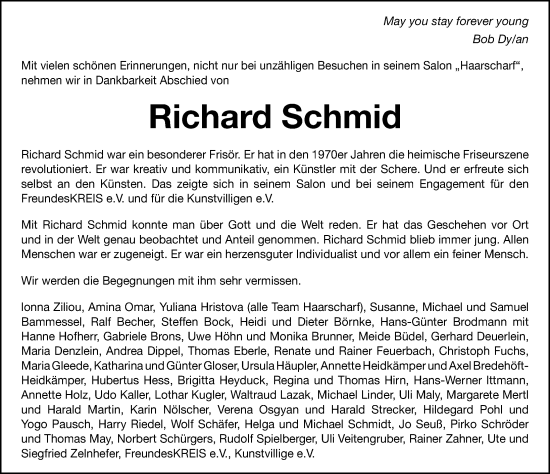 Traueranzeige von Richard Schmid von Gesamtausgabe Nürnberger Nachrichten/ Nürnberger Ztg.