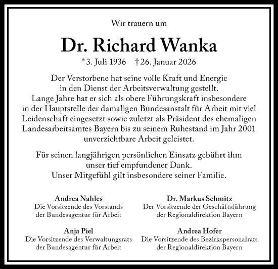 Traueranzeige von Richard Wanka von Gesamtausgabe Nürnberger Nachrichten/ Nürnberger Ztg.