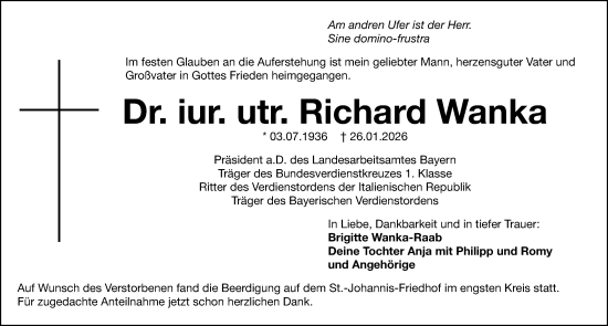 Traueranzeige von Richard Wanka von Gesamtausgabe Nürnberger Nachrichten/ Nürnberger Ztg.