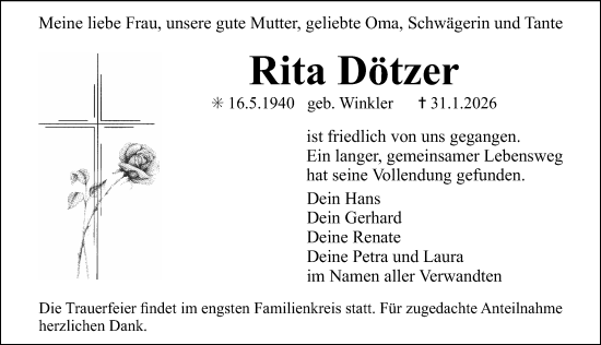 Traueranzeige von Rita Dötzer von Erlanger Nachrichten Lokal