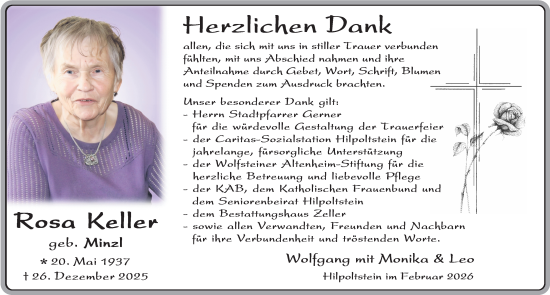Traueranzeige von Rosa Keller von Roth-Hilpoltsteiner Volkszeitung Lokal
