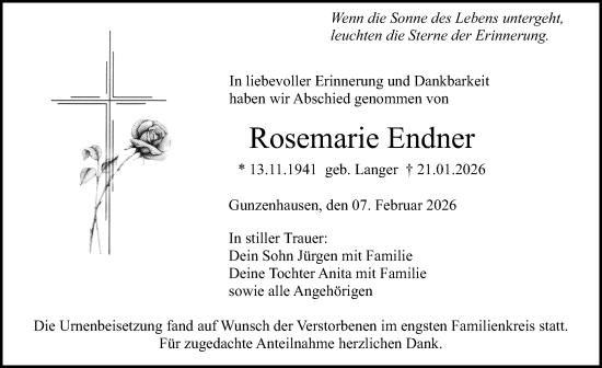 Traueranzeige von Rosemarie Endner von Altmühl-Bote Lokal
