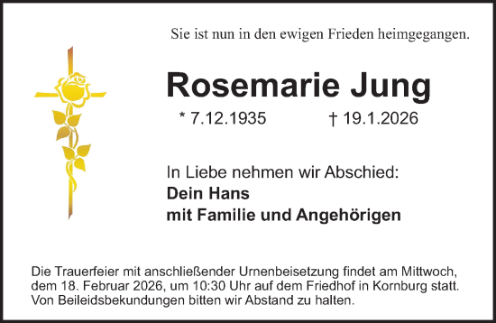 Traueranzeige von Rosemarie Jung von Gesamtausgabe Nürnberger Nachrichten/ Nürnberger Ztg.