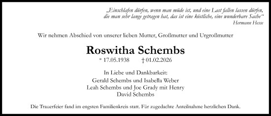 Traueranzeige von Roswitha Schembs von Gesamtausgabe Nürnberger Nachrichten/ Nürnberger Ztg.