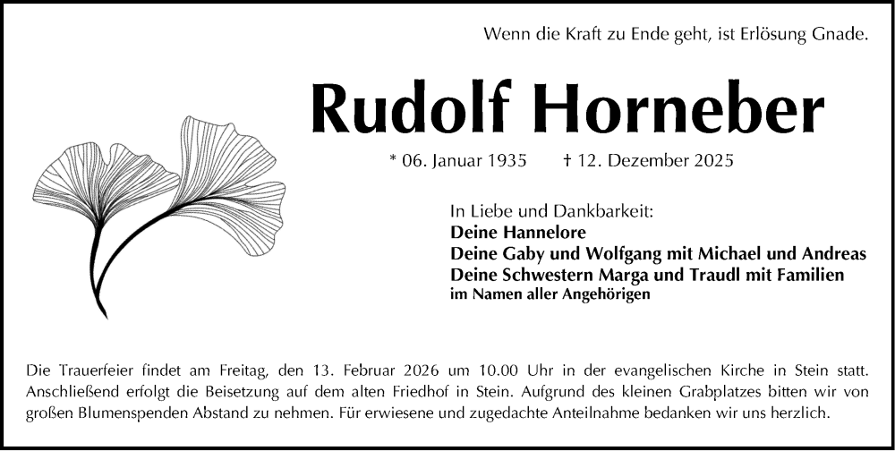  Traueranzeige für Rudolf Horneber vom 11.02.2026 aus Gesamtausgabe Nürnberger Nachrichten/ Nürnberger Ztg.