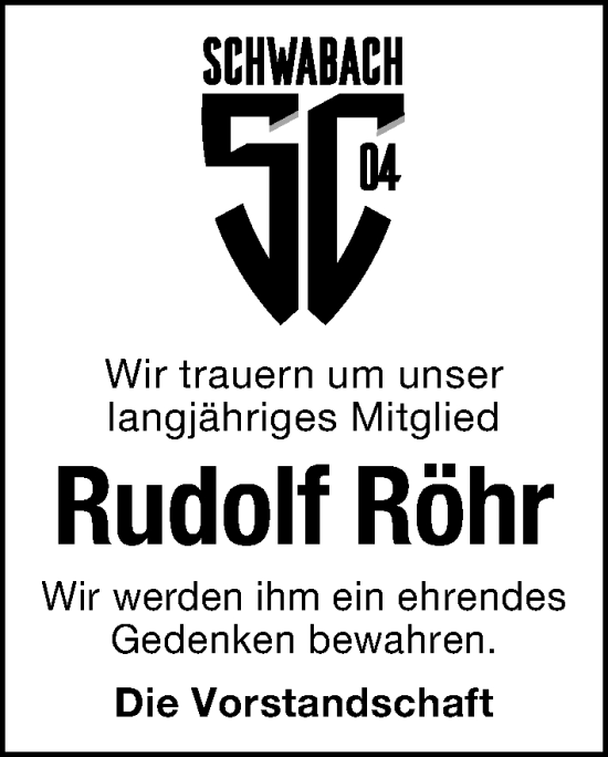 Traueranzeige von Rudolf Röhr von Schwabacher Tagblatt Lokal
