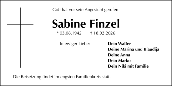 Traueranzeige von Sabine Finzel von Gesamtausgabe Nürnberger Nachrichten/ Nürnberger Ztg.