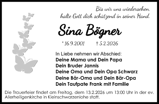 Traueranzeige von Sina Bögner von Schwabacher Tagblatt Lokal