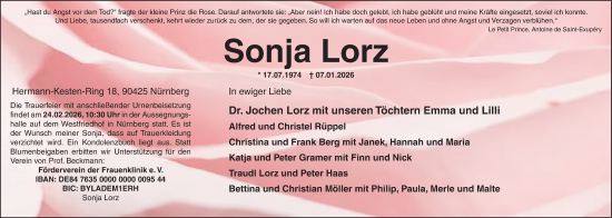 Traueranzeige von Sonja Lorz von Gesamtausgabe Nürnberger Nachrichten/ Nürnberger Ztg./ Erlanger Nachrichten