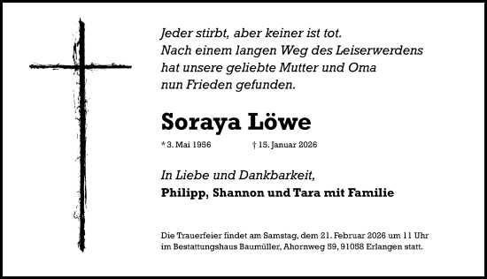 Traueranzeige von Soraya Löwe von Erlanger Nachrichten Lokal