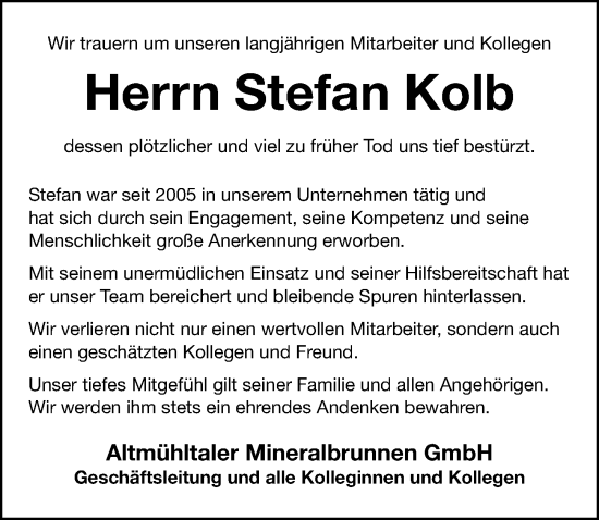 Traueranzeige von Stefan Kolb von Altmühl-Bote Lokal