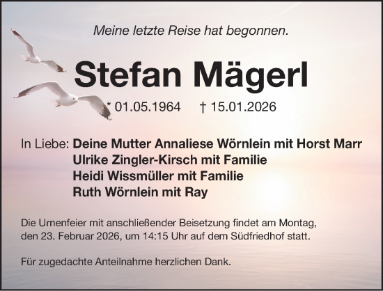 Traueranzeige von Stefan Mägerl von Gesamtausgabe Nürnberger Nachrichten/ Nürnberger Ztg.