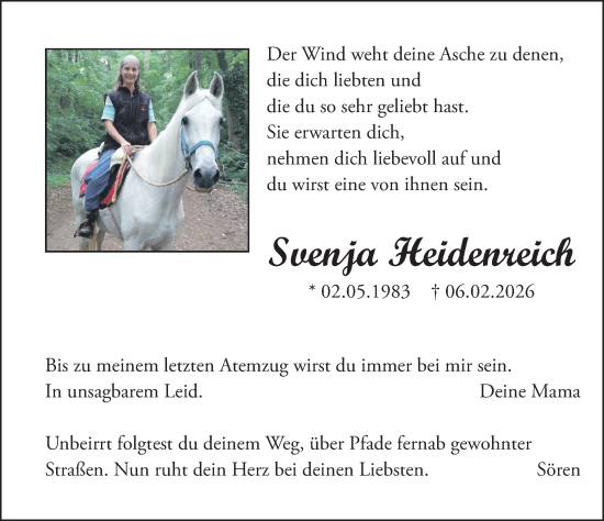 Traueranzeige von Svenja Heidenreich von Gesamtausgabe Nürnberger Nachrichten/ Nürnberger Ztg.