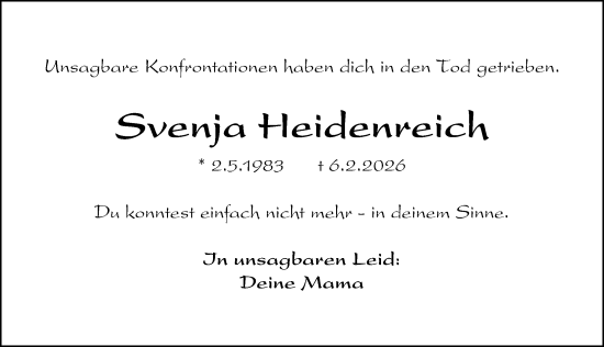 Traueranzeige von Svenja Heidenreich von Gesamtausgabe Nürnberger Nachrichten/ Nürnberger Ztg.