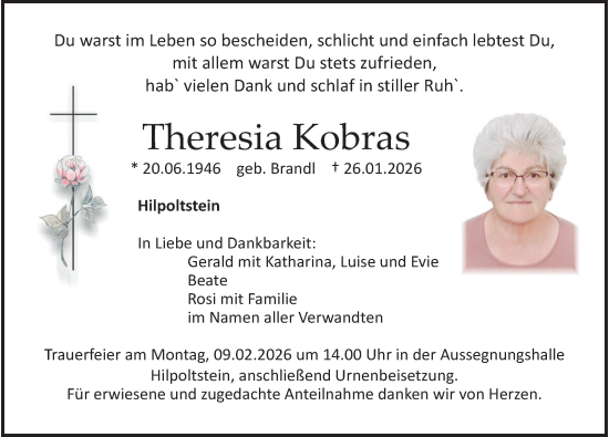 Traueranzeige von Theresia Kobras von Roth-Hilpoltsteiner Volkszeitung Lokal