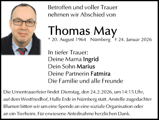 Traueranzeige von Thomas May von Gesamtausgabe Nürnberger Nachrichten/ Nürnberger Ztg.