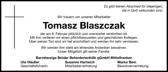 Traueranzeige von Tomasz Blaszczak von Nordbayerische Nachrichten Herzogenaurach Lokal