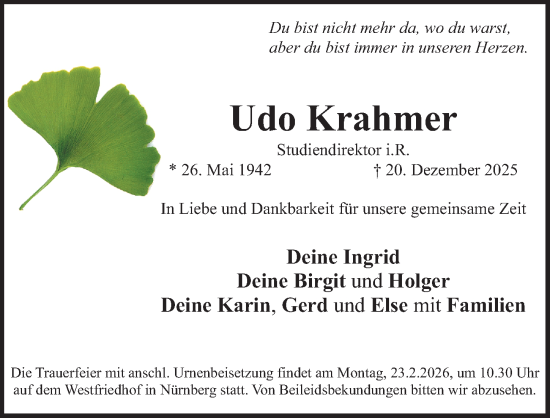 Traueranzeige von Udo Krahmer von Gesamtausgabe Nürnberger Nachrichten/ Nürnberger Ztg.