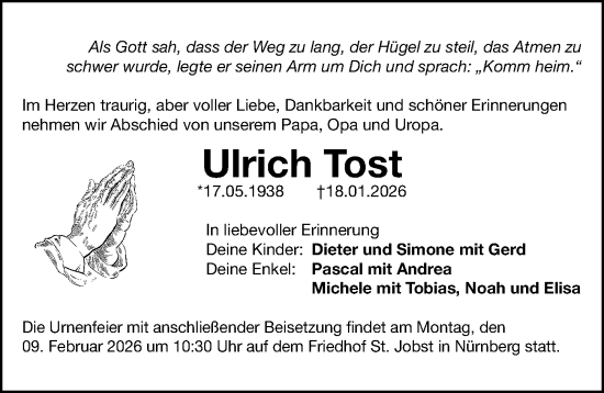 Traueranzeige von Ulrich Tost von Gesamtausgabe Nürnberger Nachrichten/ Nürnberger Ztg.
