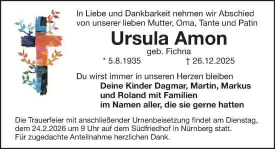 Traueranzeige von Ursula Amon von Gesamtausgabe Nürnberger Nachrichten/ Nürnberger Ztg.