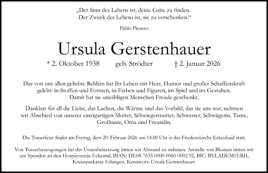 Traueranzeige von Ursula Gerstenhauer von Gesamtausgabe Nürnberger Nachrichten/ Nürnberger Ztg.