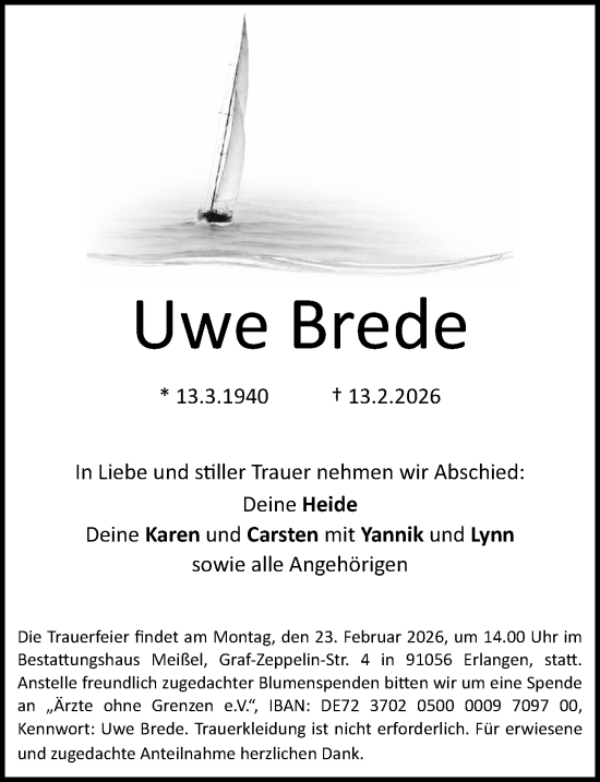 Traueranzeige von Uwe Brede von Fürther Nachrichten Lokal