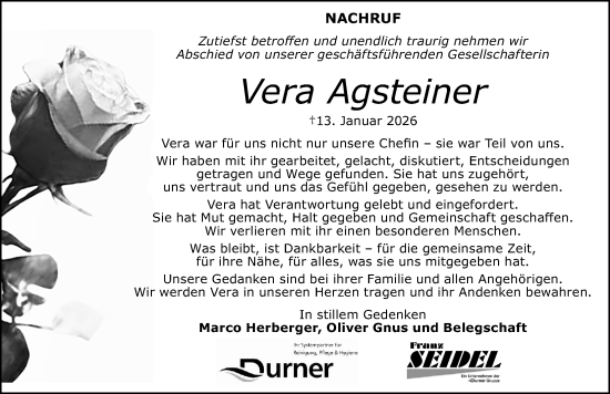 Traueranzeige von Vera Agsteiner von Gesamtausgabe Nürnberger Nachrichten/ Nürnberger Ztg.