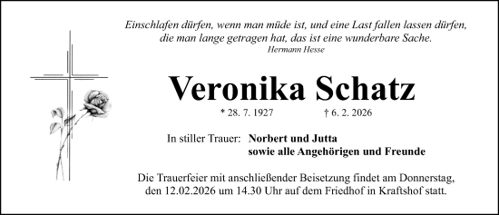 Traueranzeige von Veronika Schatz von Gesamtausgabe Nürnberger Nachrichten/ Nürnberger Ztg.