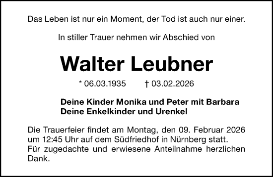 Traueranzeige von Walter Leubner von Gesamtausgabe Nürnberger Nachrichten/ Nürnberger Ztg.