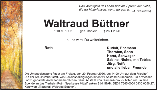 Traueranzeige von Waltraud Büttner von Roth-Hilpoltsteiner Volkszeitung Lokal