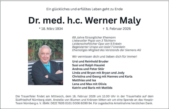 Traueranzeige von Werner Maly von Gesamtausgabe Nürnberger Nachrichten/ Nürnberger Ztg./ Erlanger Nachrichten
