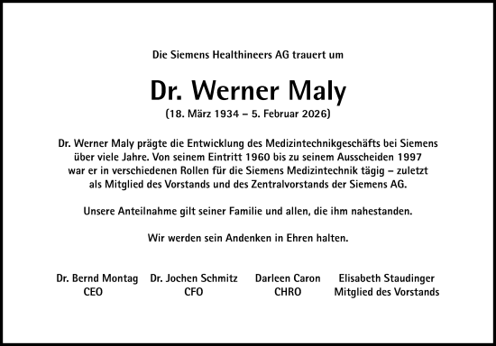Traueranzeige von Werner Maly von Gesamtausgabe Nürnberger Nachrichten/ Nürnberger Ztg.
