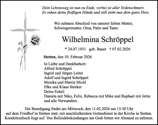 Traueranzeige von Wilhelmina Schröppel von Altmühl-Bote Lokal