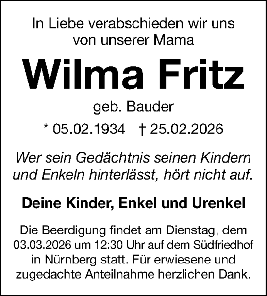 Traueranzeige von Wilma Fritz von Gesamtausgabe Nürnberger Nachrichten/ Nürnberger Ztg.