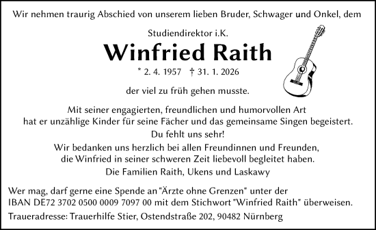 Traueranzeige von Winfried Raith von Gesamtausgabe Nürnberger Nachrichten/ Nürnberger Ztg.