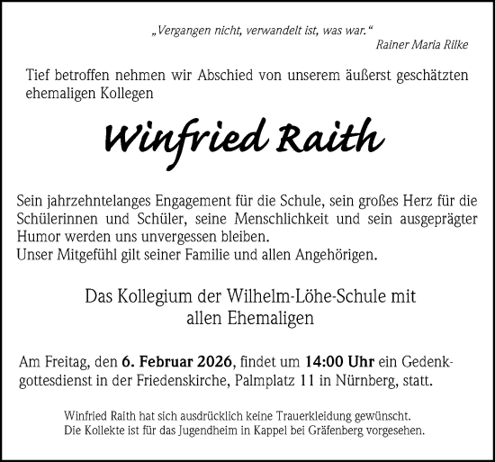 Traueranzeige von Winfried Raith von Gesamtausgabe Nürnberger Nachrichten/ Nürnberger Ztg.