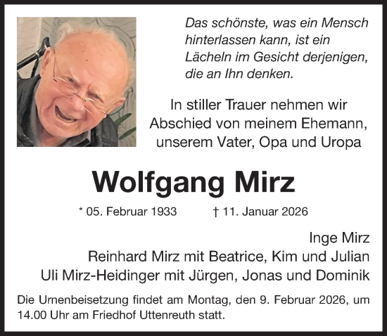 Traueranzeige von Wolfgang Mirz von Erlanger Nachrichten Lokal