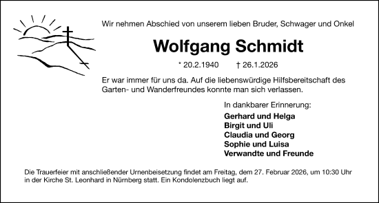 Traueranzeige von Wolfgang Schmidt von Gesamtausgabe Nürnberger Nachrichten/ Nürnberger Ztg.