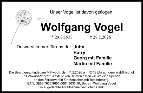 Traueranzeige von Wolfgang Vogel von Schwabacher Tagblatt Lokal