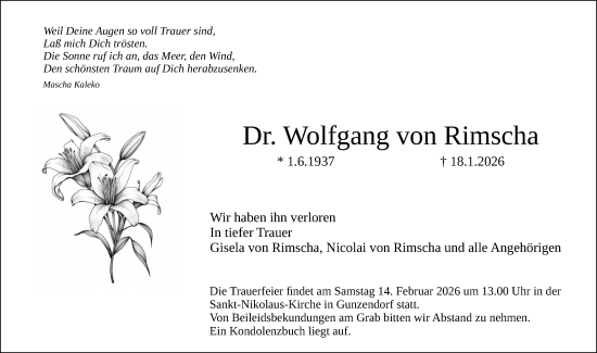 Traueranzeige von Wolfgang von Rimscha von Erlanger Nachrichten Lokal