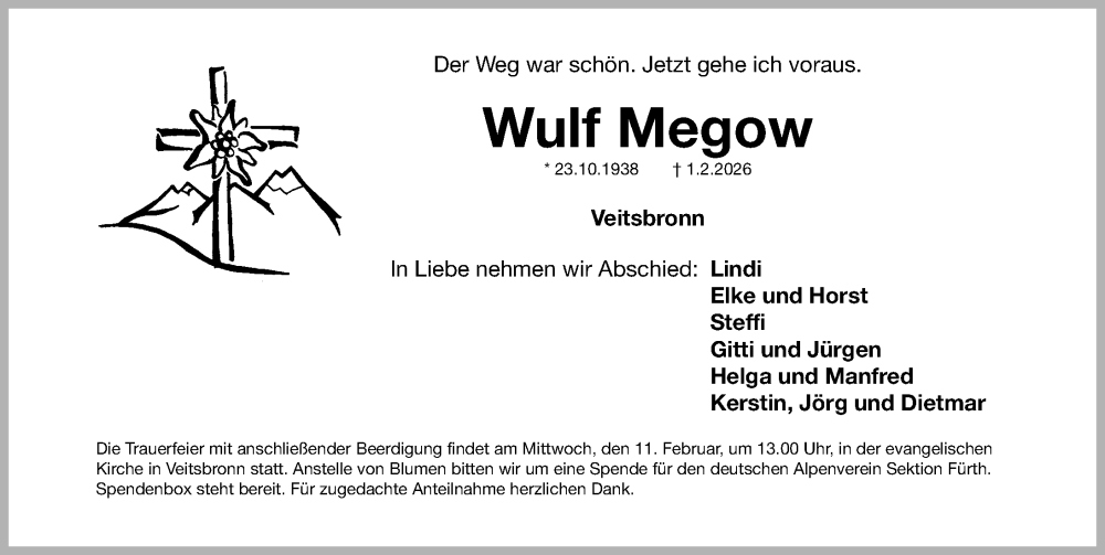  Traueranzeige für Wulf Megow vom 07.02.2026 aus Fürther Nachrichten Lokal
