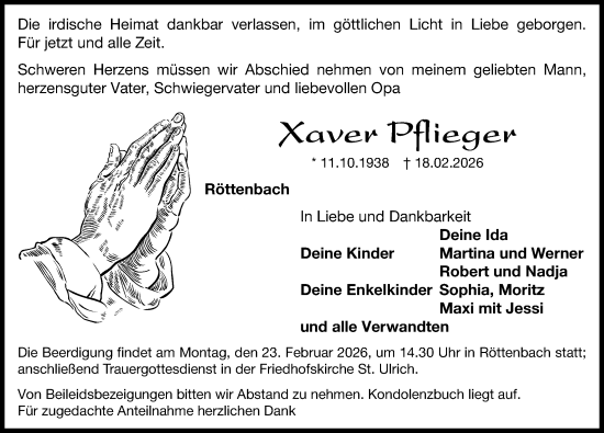Traueranzeige von Xaver Pflieger von Roth-Hilpoltsteiner Volkszeitung Lokal