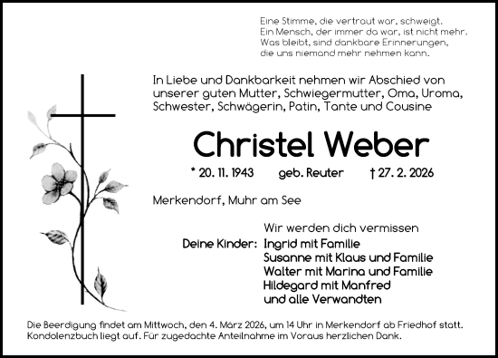 Traueranzeige von Christel Weber von Altmühl-Bote Lokal