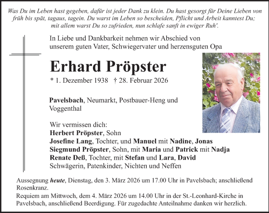 Traueranzeige von Erhard Pröpster von Neumarkter Nachrichten Lokal